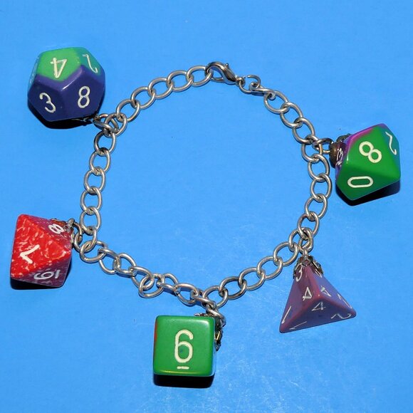 Role Playing Dice Charm Bracelet DND RPG D20 D6 D4 D8 D10 Silver Tone Multicolor - Picture 1 of 5